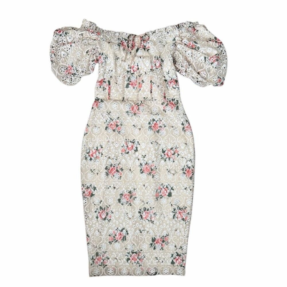 Lavish Alice Off Shoulder Floral Lace Midi Dress Sz 6 NWT Puff Sleeve Corset